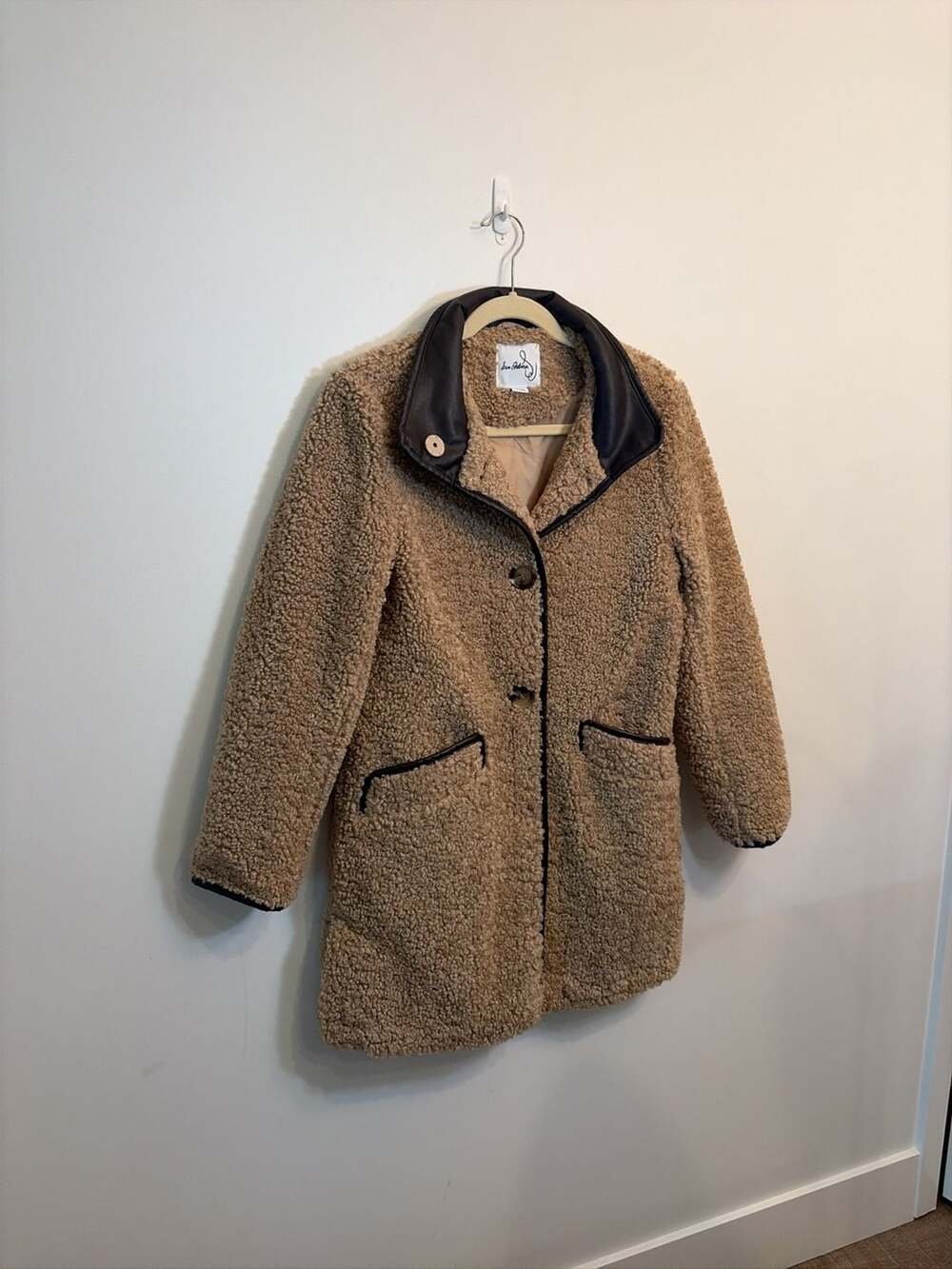 Sam Edelman Women's Tan Faux Shearling Teddy Coat with Leather Trim